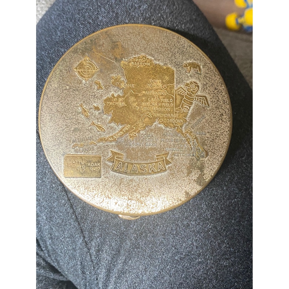 Mid Century Alaska Map Etched Makeup Compact Souvenir